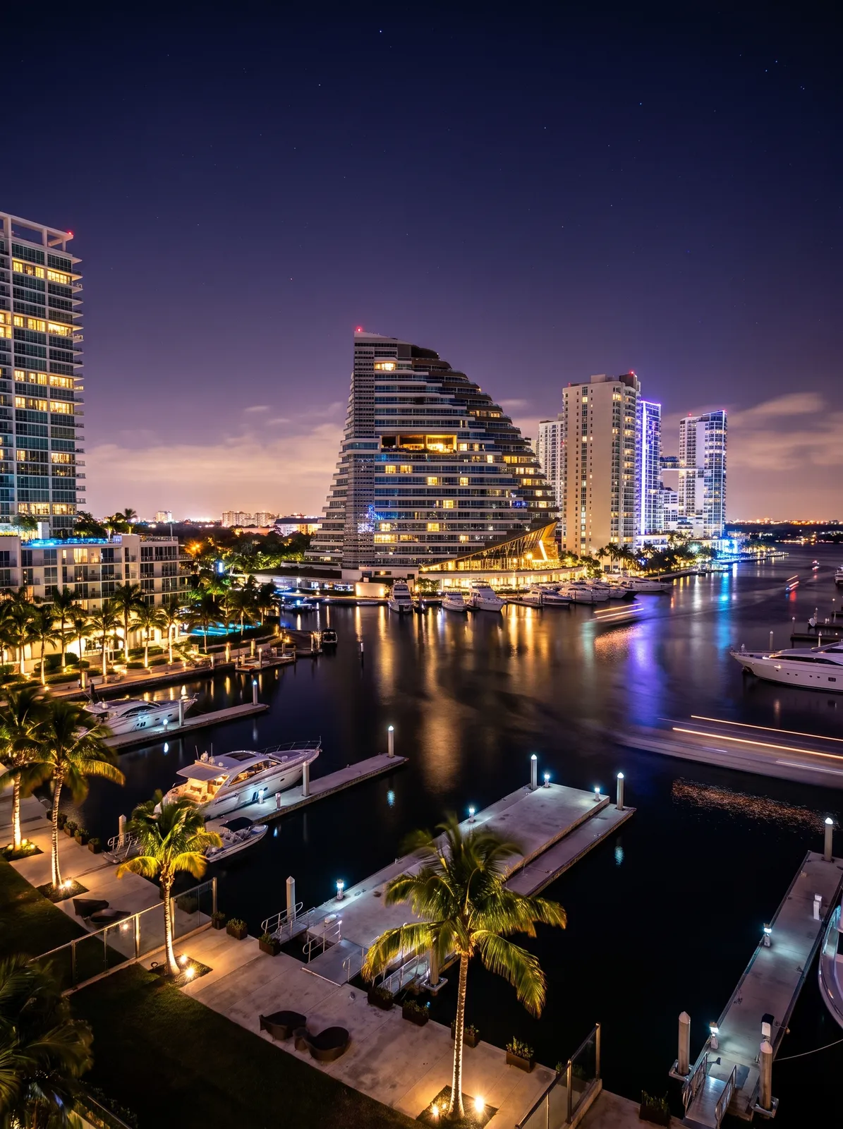 Puerto Cancún de noche: torres residenciales y marina iluminadas